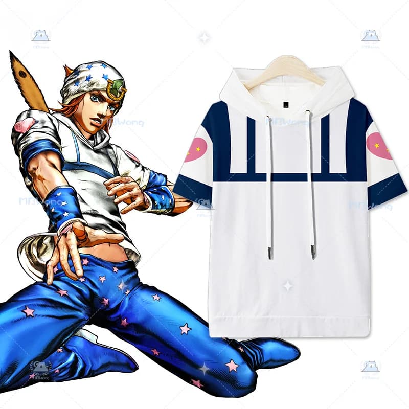 Costume Cosplay Anime JOJO Johnny Joestar, T-Shirt Estiva con Cappuccio a Maniche Corte, per Giochi di Ruolo, Halloween, per Adulti, Uomini e Donne