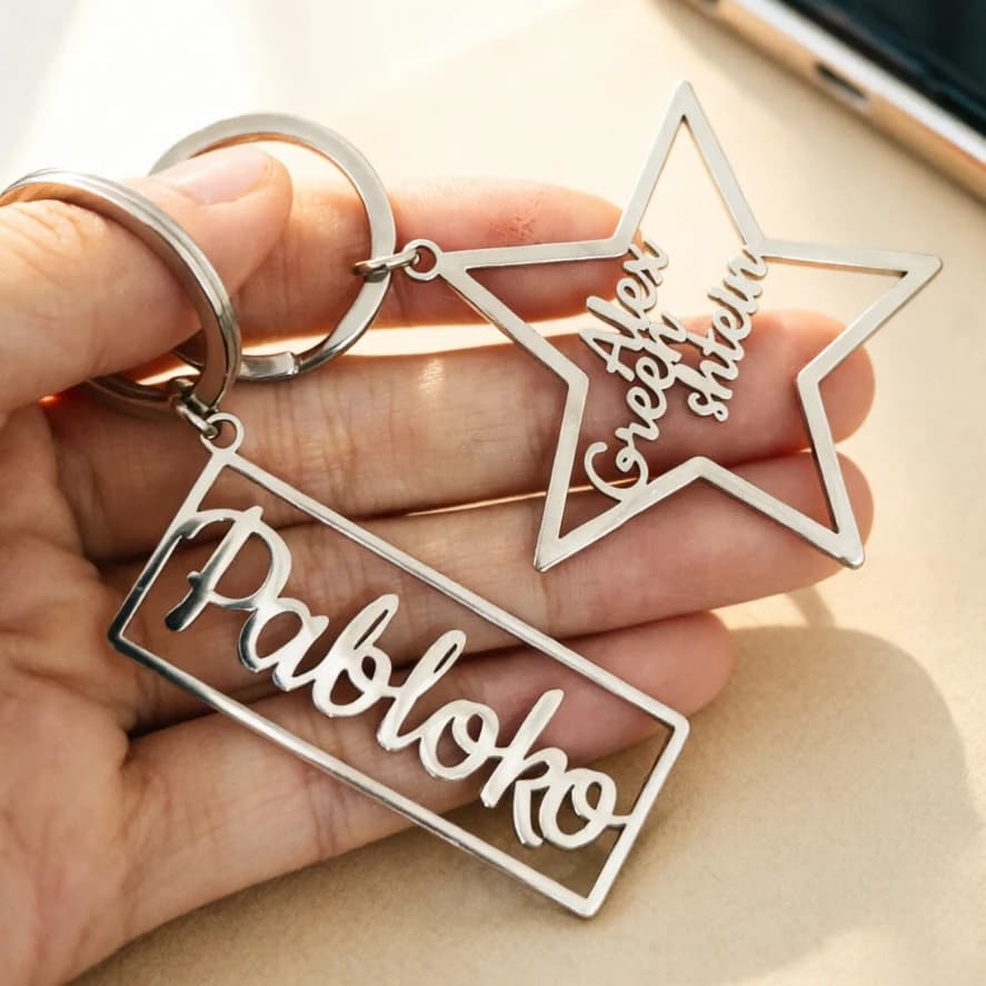 Portachiavi Personalizzato in Acciaio Inossidabile con Incisione Laser, Messaggio di Testo, Ciondolo a Cuore, Stella, Corona, Geometrico, Regalo Anniversario