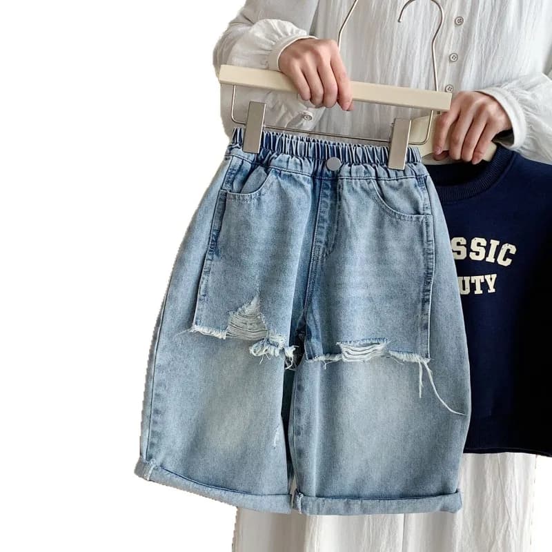 Jeans Casual per Bambini con Vita Elastica e Gamba Larga, Pantaloni Strappati alla Moda per Ragazzi, Primavera-Autunno