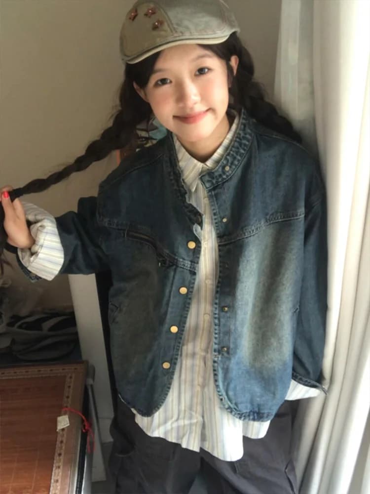 Retro Washed Denim Jacket Women's Spring Autumn Design Chic Hong Kong Style Short Coat Loose Fit Button Zipper Ladies Jeans