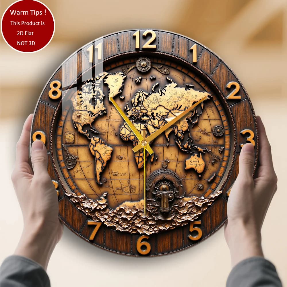 Tempered Glass Wall Clock with world map with wheel for ships suitable for wall decorations or table displays anywhere