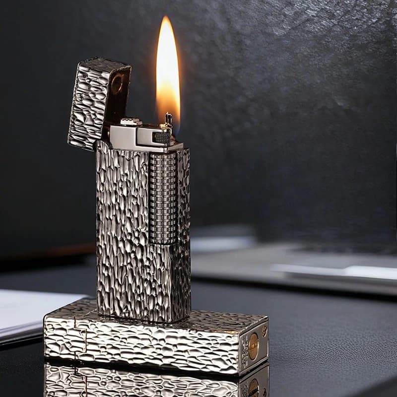 Unusually High-quality Meteorite Crater Five Sided Carved Lighter Lever Open Lid Grinding Wheel Side Sliding Ignition Lighter