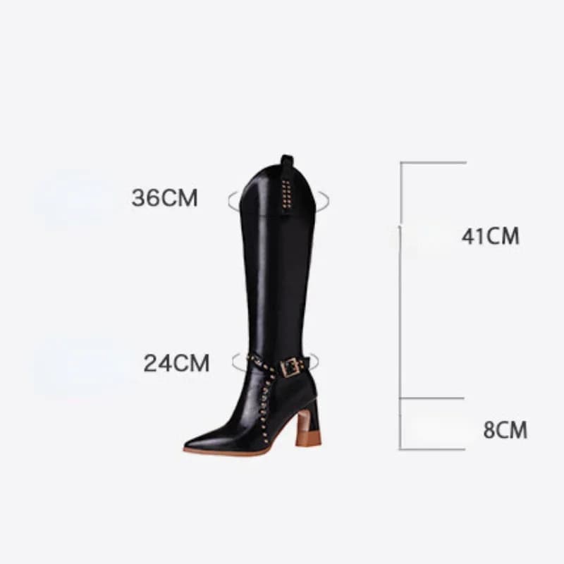 2024 New Riveted Side Zipper Knee Length Boots Fashion Big Size 33-46 Lacquer Leather Pointed Women's Shoes 8cm Thick Heel Boots