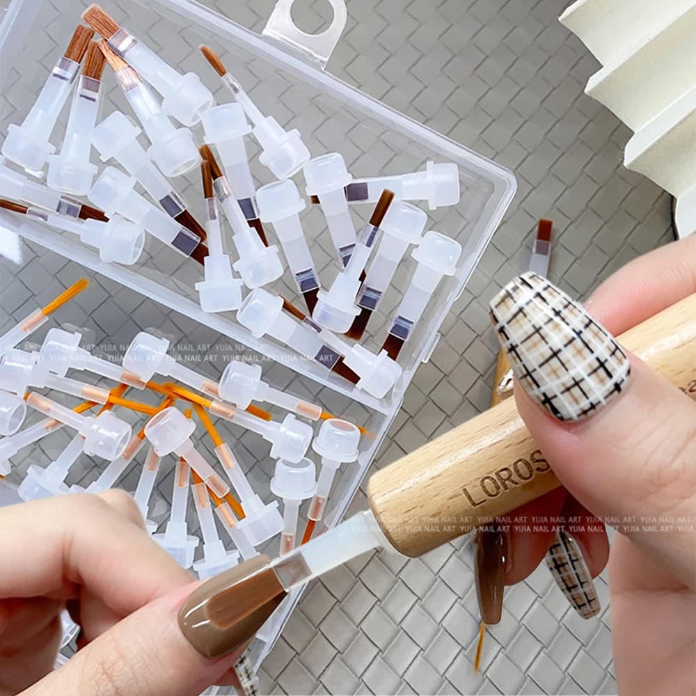 60Pcs Nail Art Liner Replacement Brushes Ultra‑Fine Gel Polish Painting Heads Reusable Wooden Handle Thin Lines French Detail