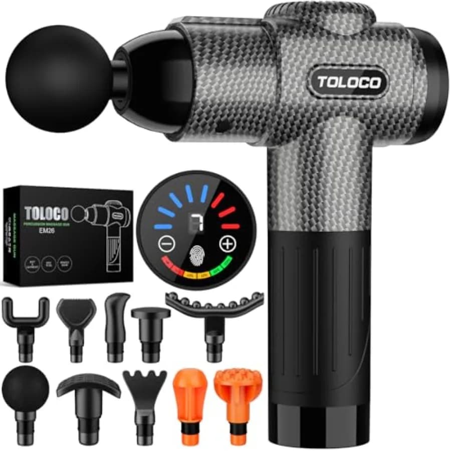Background Massage Gun for Athletes: Black Carbon Fiber Body, Silent Motor Without Brushes, 10 Accessories to Relieve Pain