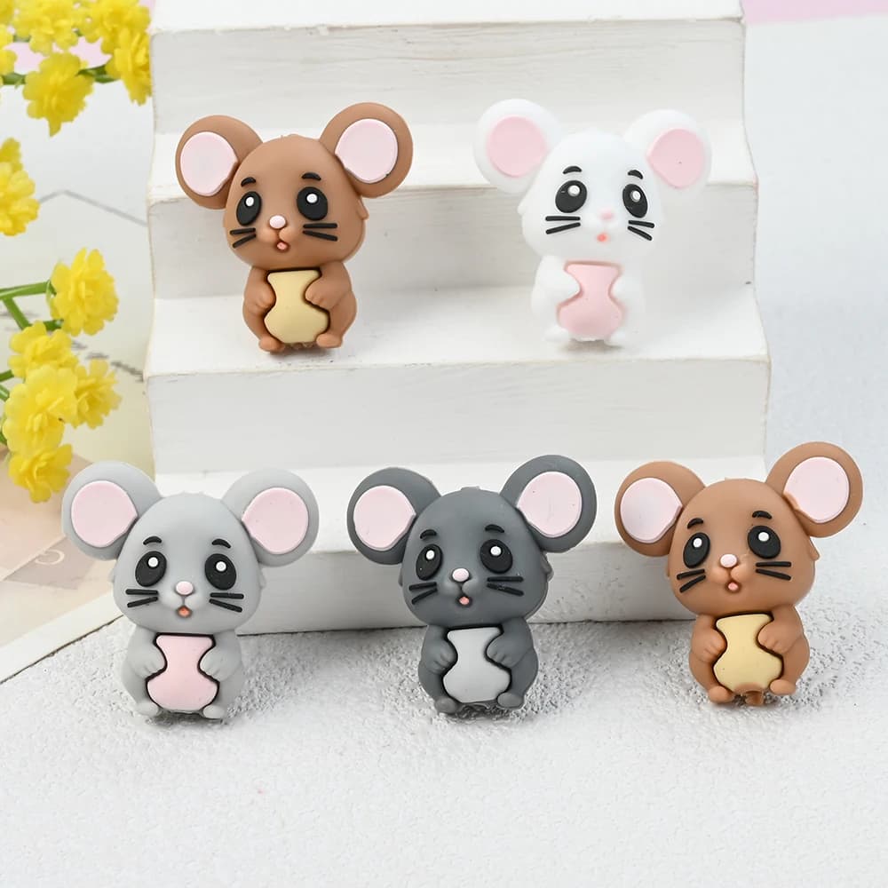 4 pezzi di perline in silicone a forma di topo 3D, perline sfuse a forma di animale per catenella portaciuccio, accessori fai da te per braccialetti.