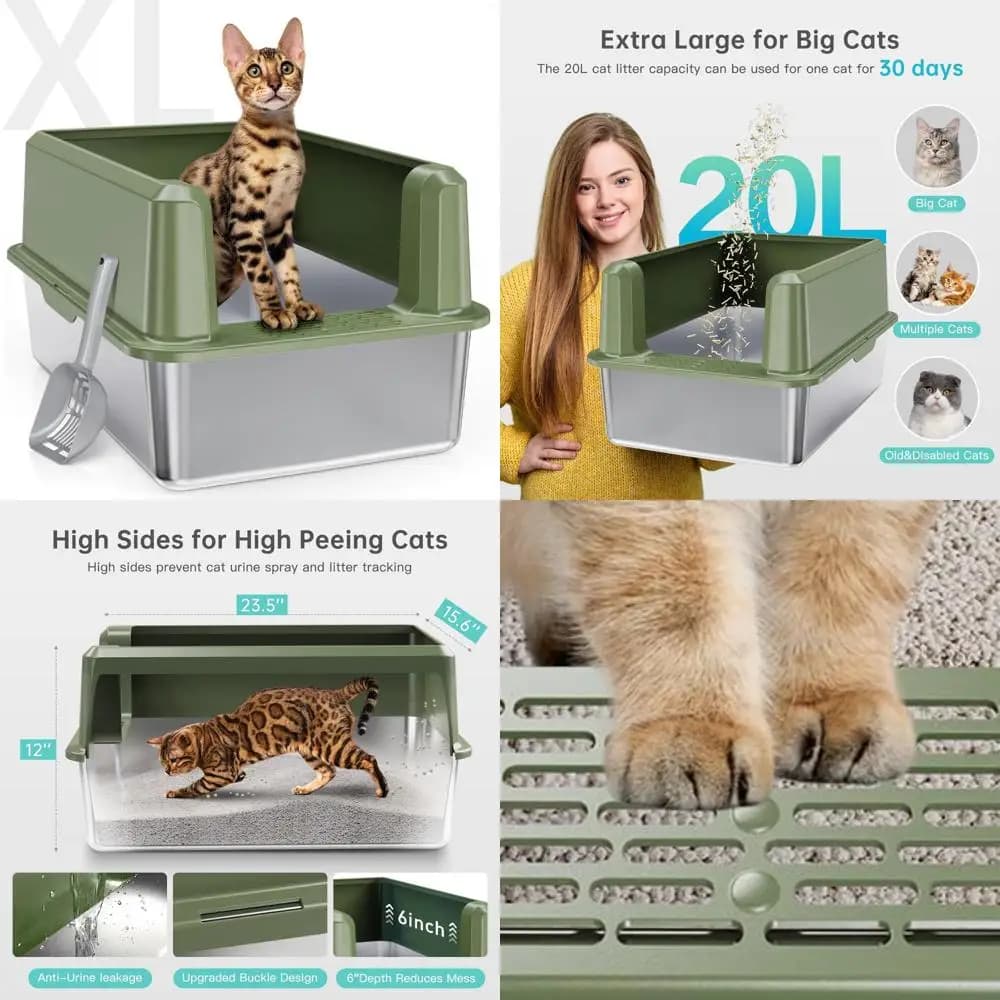 Lettiera per gatti extra large in acciaio inossidabile con coperchio, padella in metallo su alto lato per gatti grandi, lettiera XL con design assorbente e gratuito