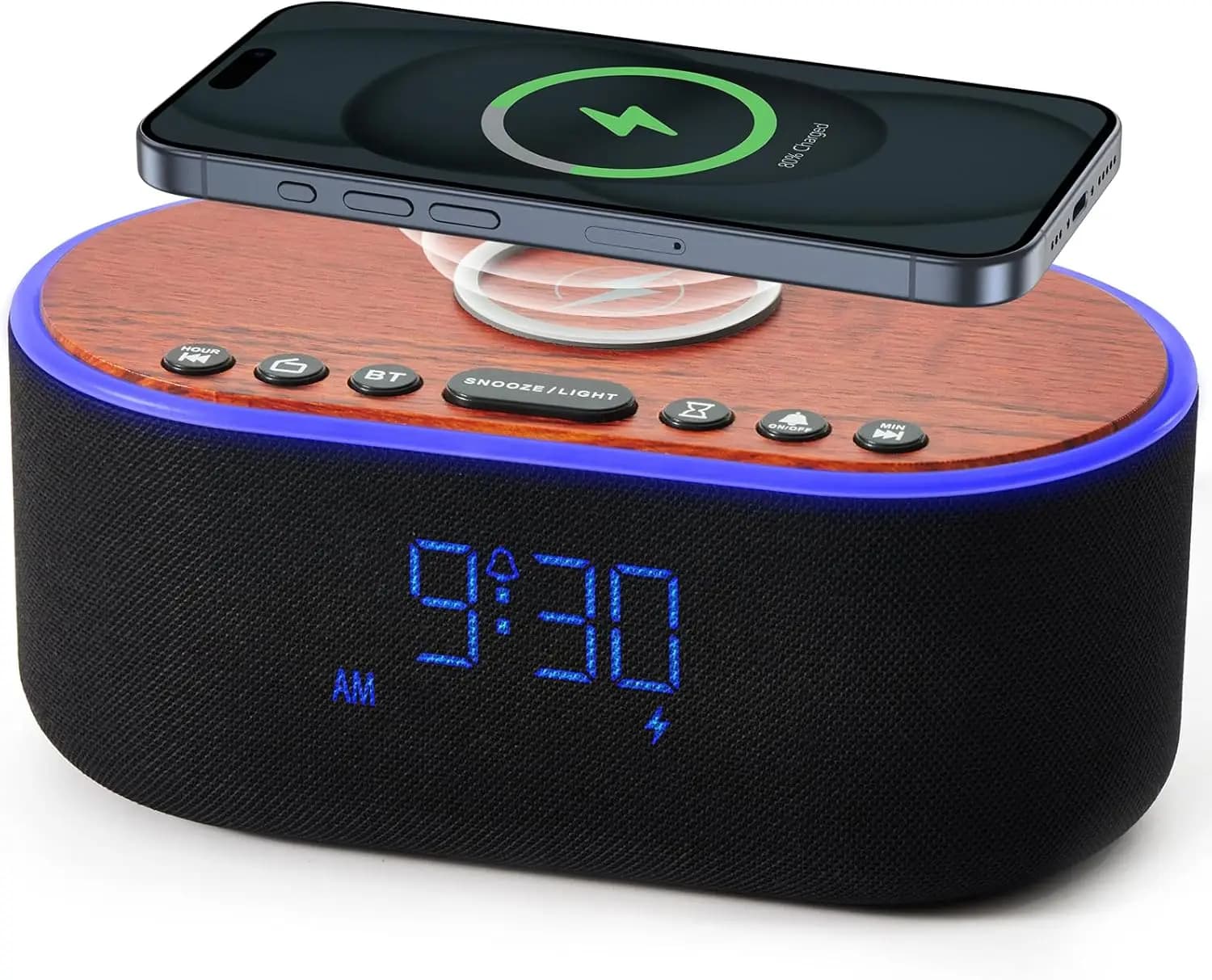 Sveglia Bluetooth con Altoparlante da 10W, Caricatore Wireless, Radio FM e Display Dimmerabile per Camera da Letto