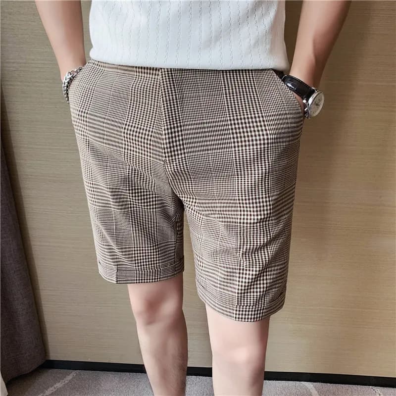 Pantaloni casual da uomo in stile estivo a quadri, lunghezza a cinque quarti, casual da lavoro, pantaloncini maturi e stabili, versione coreana, in poliestere C...