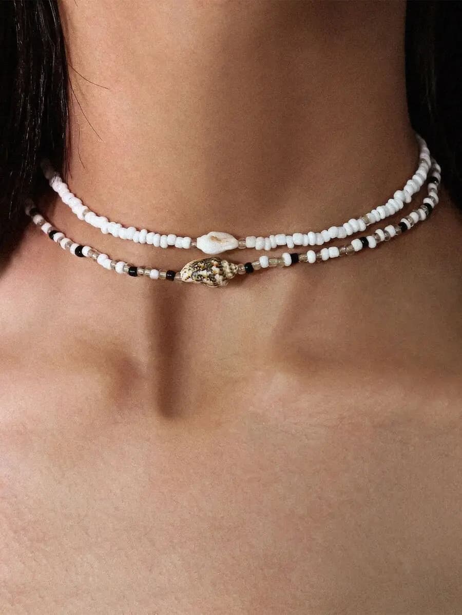 2pcs Bohemian beach necklace set with mixed-color rice beads and natural seashells