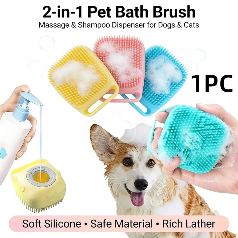 Pet Bath Brush 2-in-1 Silicone Dog Cat Grooming Brush with Shampoo Dispenser, Massage Tool for Puppy Kitten Bathing