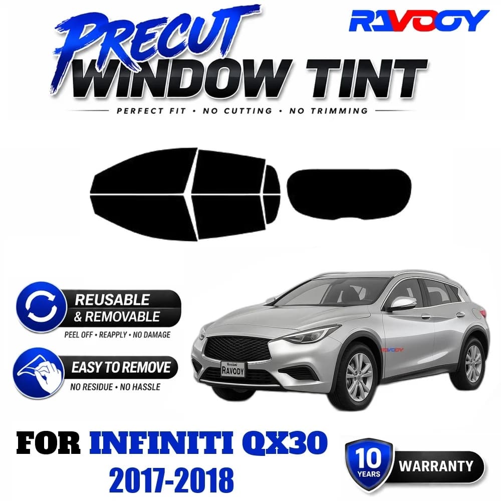 RAVOOY Precut Window Tint, Reusable Removable EPU Film, Custom Fit for Infiniti QX30 2017-2018, UV Heat Protection