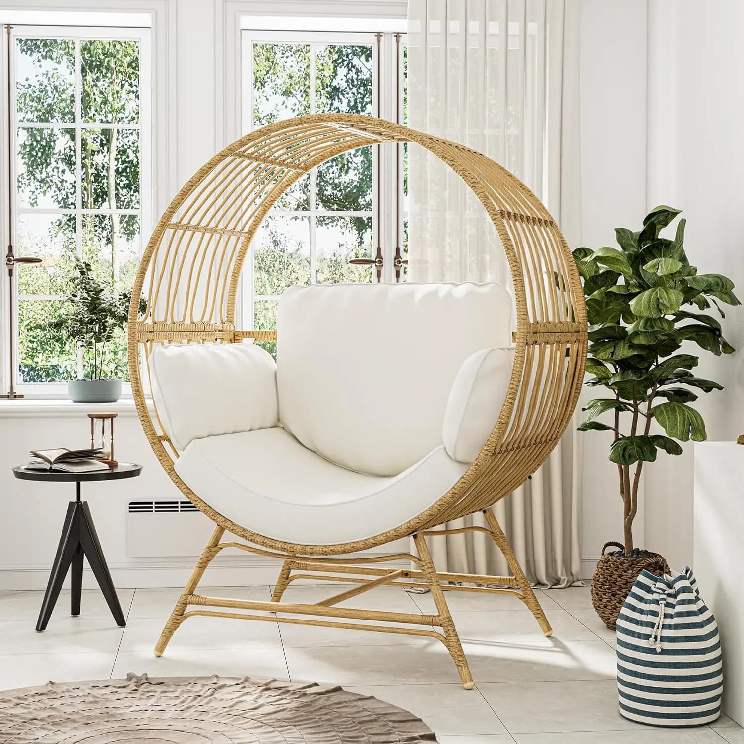 Oversize wicker lounge chair with pillow, capacity 350 pounds, suitable for patio, balcony or living room, beige