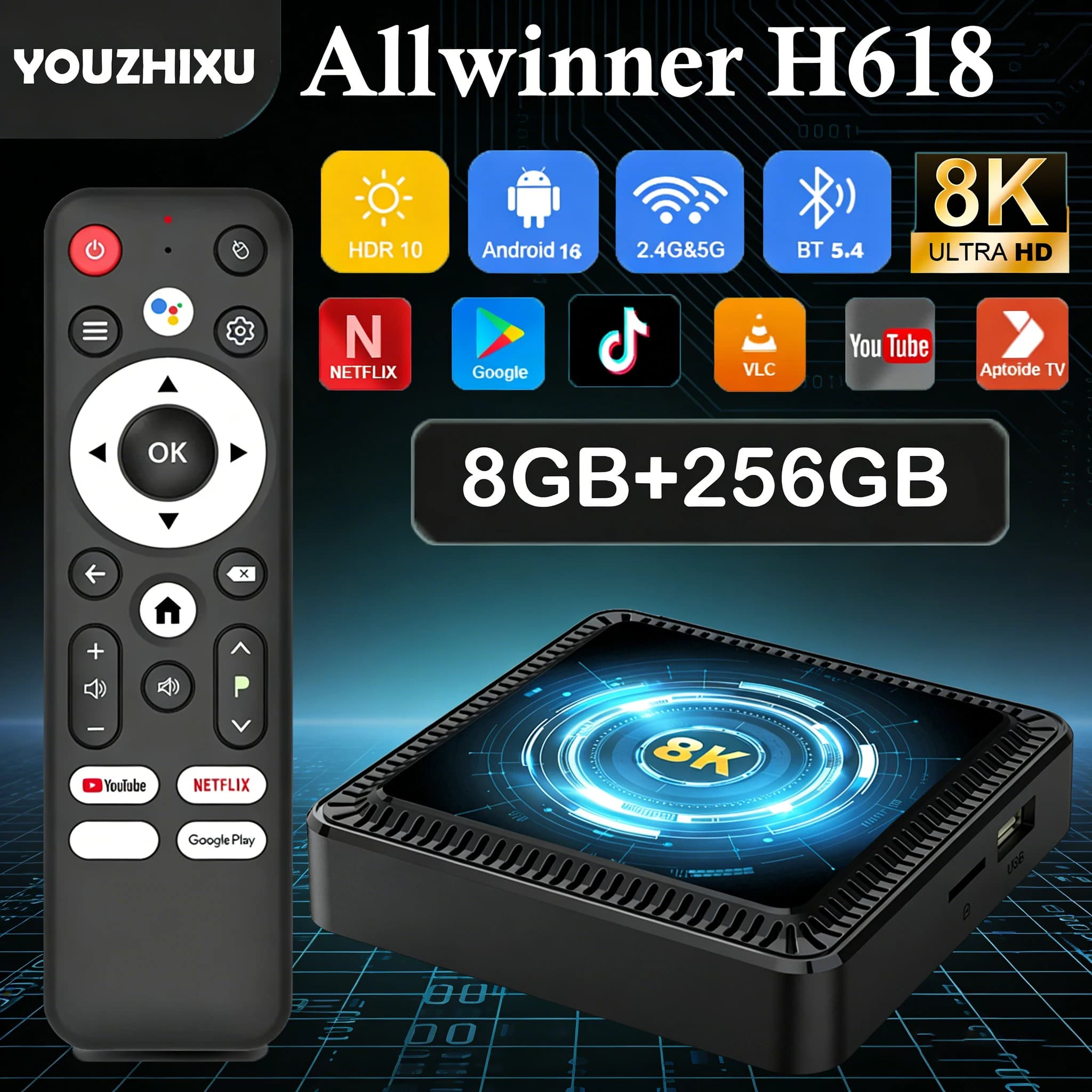 Box TV Smart Q19 Android 16 8GB+256GB Allwinner H618 con Assistente Google, Video 8K, Bluetooth 5.4, Lettore Multimediale Ultra Veloce