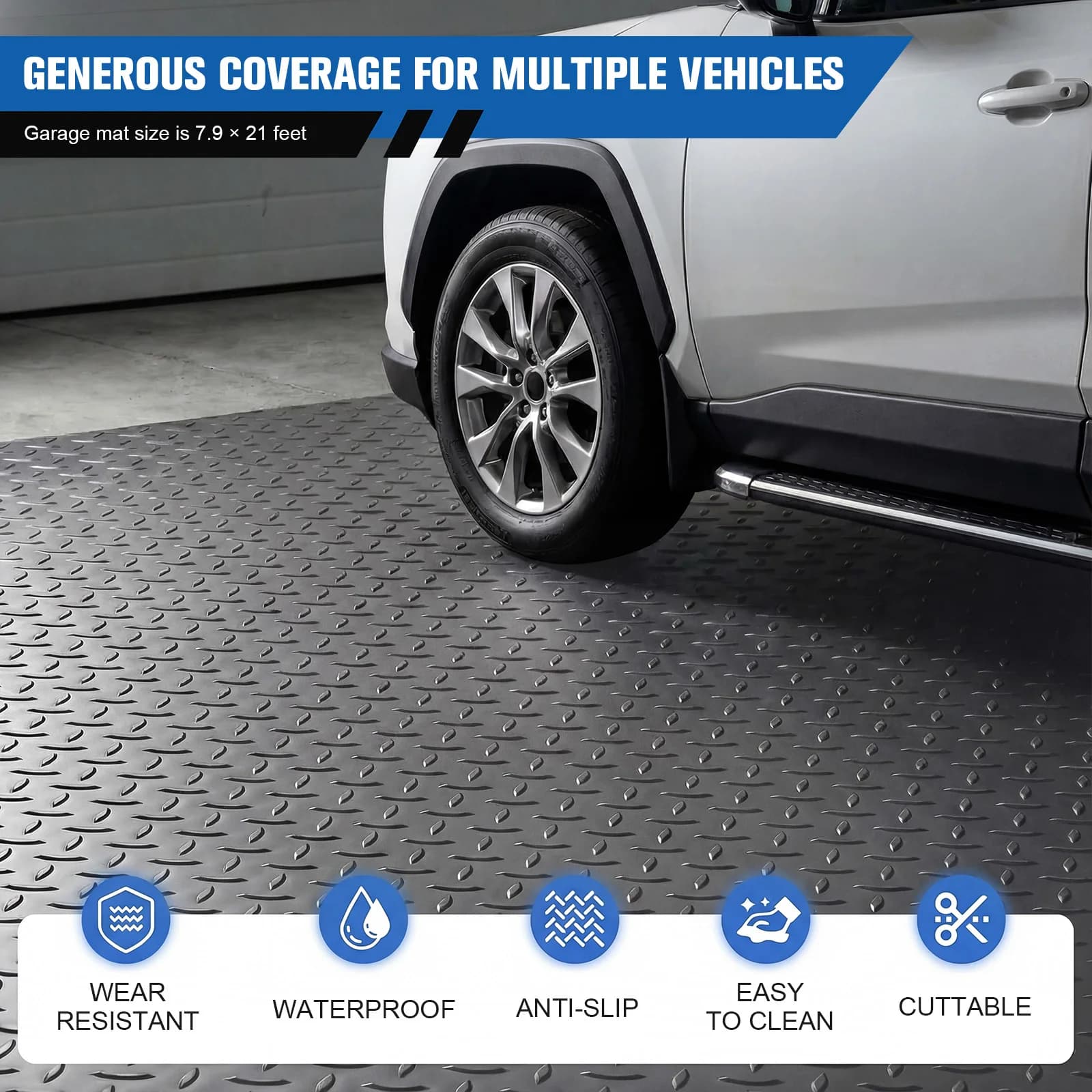 Motorcycle Mat 7.9x21/32.8 FT, Thickness 2.5mm, PVC with Diamond Surface, for Garage, Car Parking, Trucks, Trailers, SUVs, Vans, Golf Carts, Moto