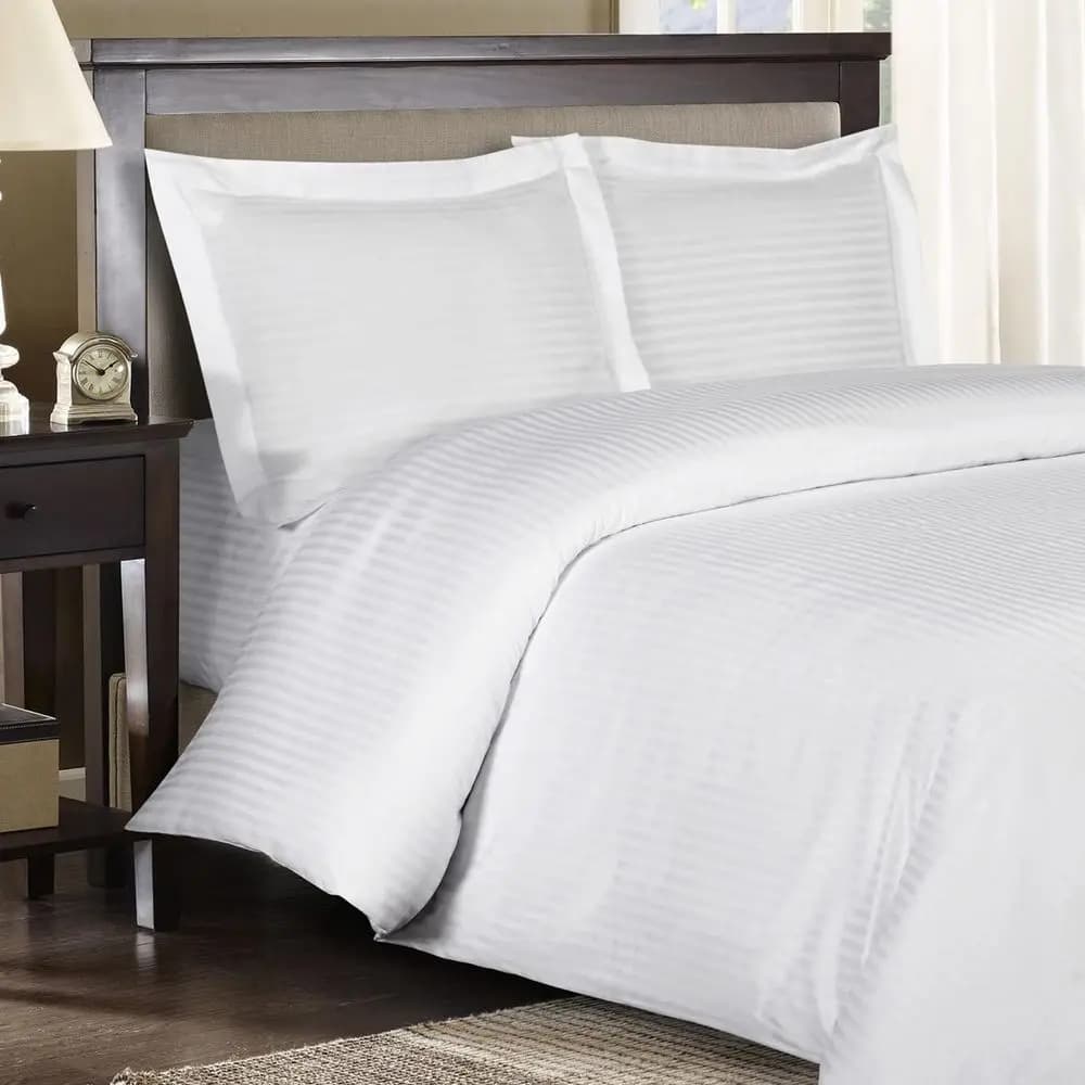 Set Completo Letto Cal King Size 8 Pezzi, Lenzuola 100% Cotone 300 Fili, Piumino, Bianco a Righe, Copripiumino