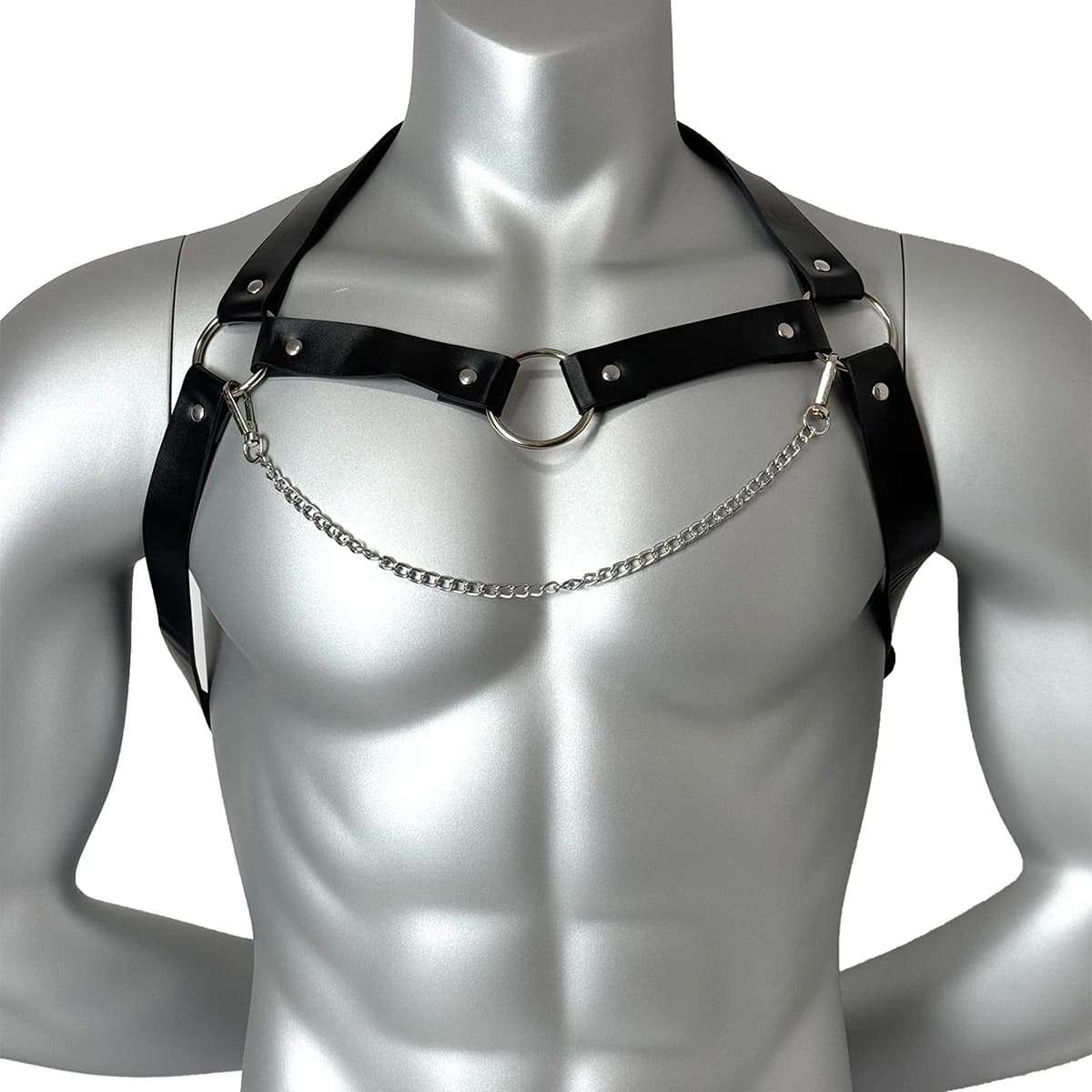 Cintura da uomo sexy Cintura in pelle PU con tracolla a catena sul petto Anello in metallo Y2k Goth Punk Accessori di abbigliamento