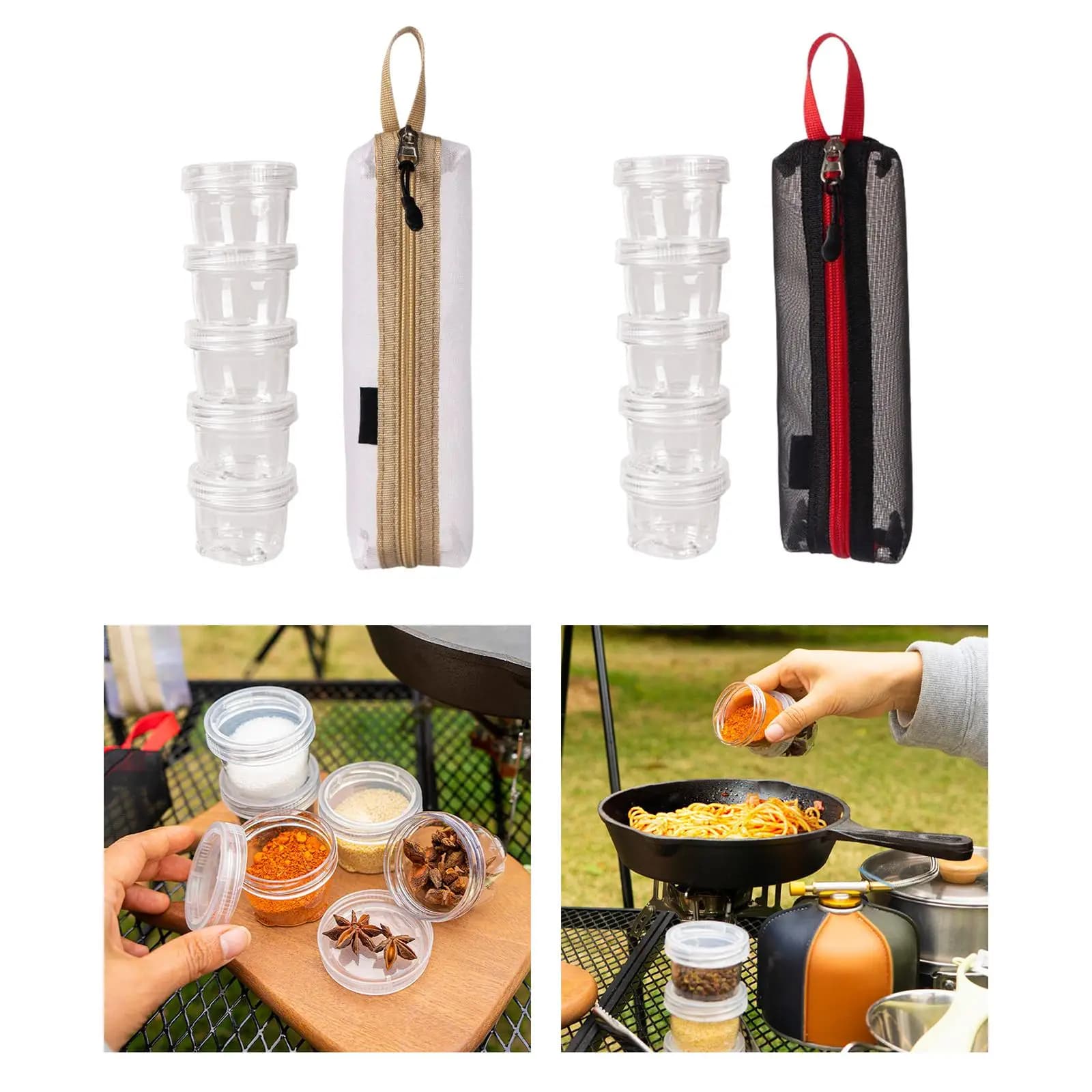 Set di 5 contenitori impilabili per condimenti da escursionismo, portabottiglie portatile da esterno con 5 barattoli di spezie per viaggi e picnic