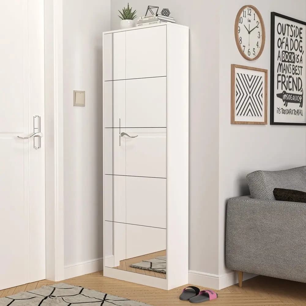 Storage Cabinet with Full Length Mirror, 30 Pairs amp 5 Flip Drawer, Free Standing Shoe Rack Cabinet, Narrow Shoes Organizer fo