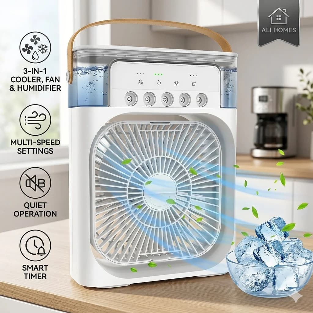 Raffrescatore d'Aria Evaporativo Portatile 3-in-1, Mini Ventilatore da Tavolo con Nebulizzatore, Condizionatore Personale, Umidificatore con Luce LED per Casa e Ufficio