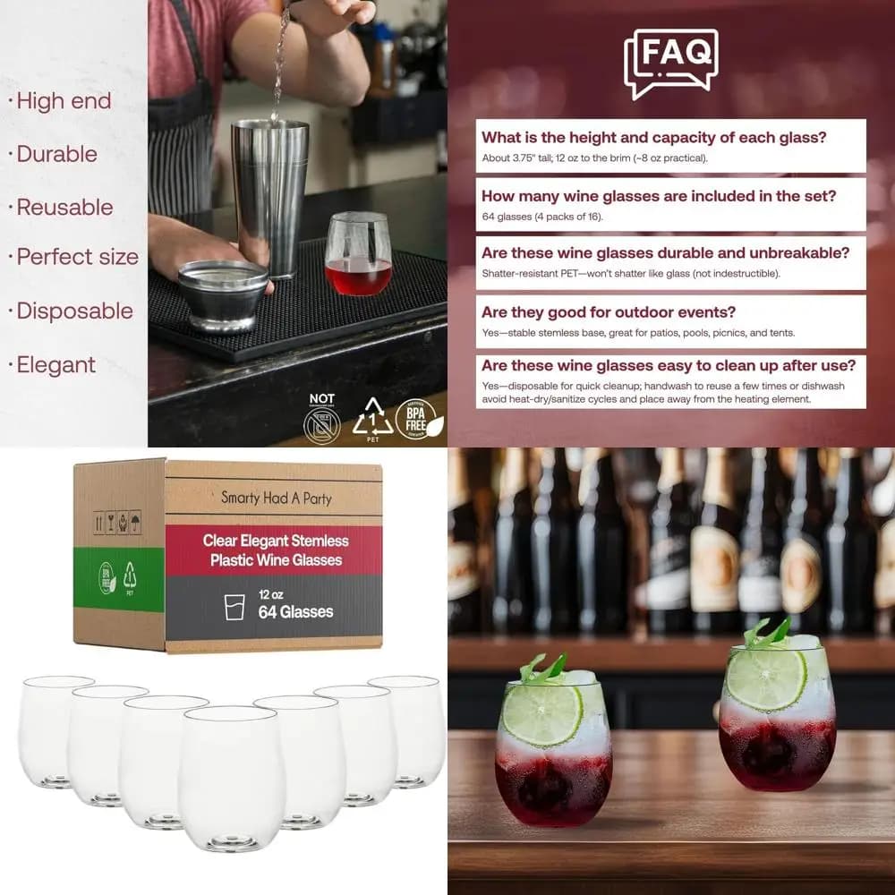 Confezione da 64 bicchieri da vino trasparenti usa e getta per matrimoni, feste ed eventi - Bicchieri senza BPA per vino rosso e bianco, cocktail, ecc.