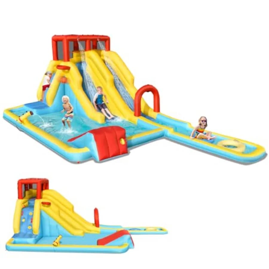 Scivolo d'Acqua Gonfiabile Gigante, Parco Acquatico Gonfiabile con 3 Scivoli, Parete da Arrampicata, Grande Piscina con Spruzzi, 2 Anelli da Nuoto, Gonfiabile da Esterno