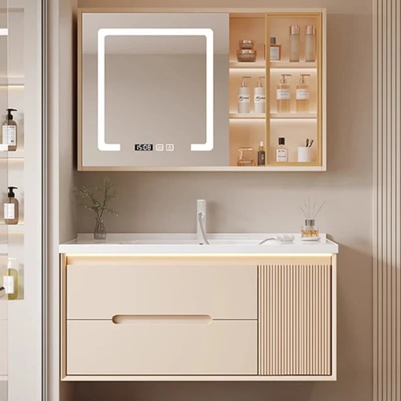 Mobile bagno in legno massello con lavabo integrato in ceramica, specchio smart a luna e lavabo a incasso