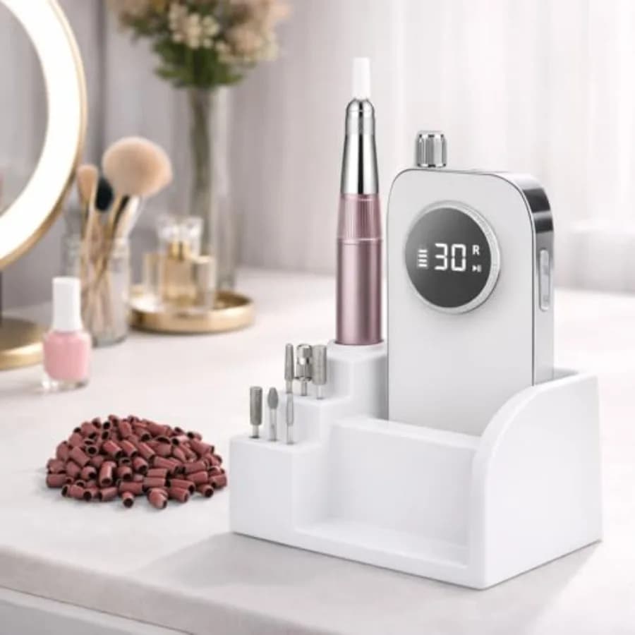 Trapano per Unghie Senza Fili da 45000 RPM con Display LCD e Tecnologia di Riduzione del Calore per Unghie in Acrilico e Gel, Colore Bianco