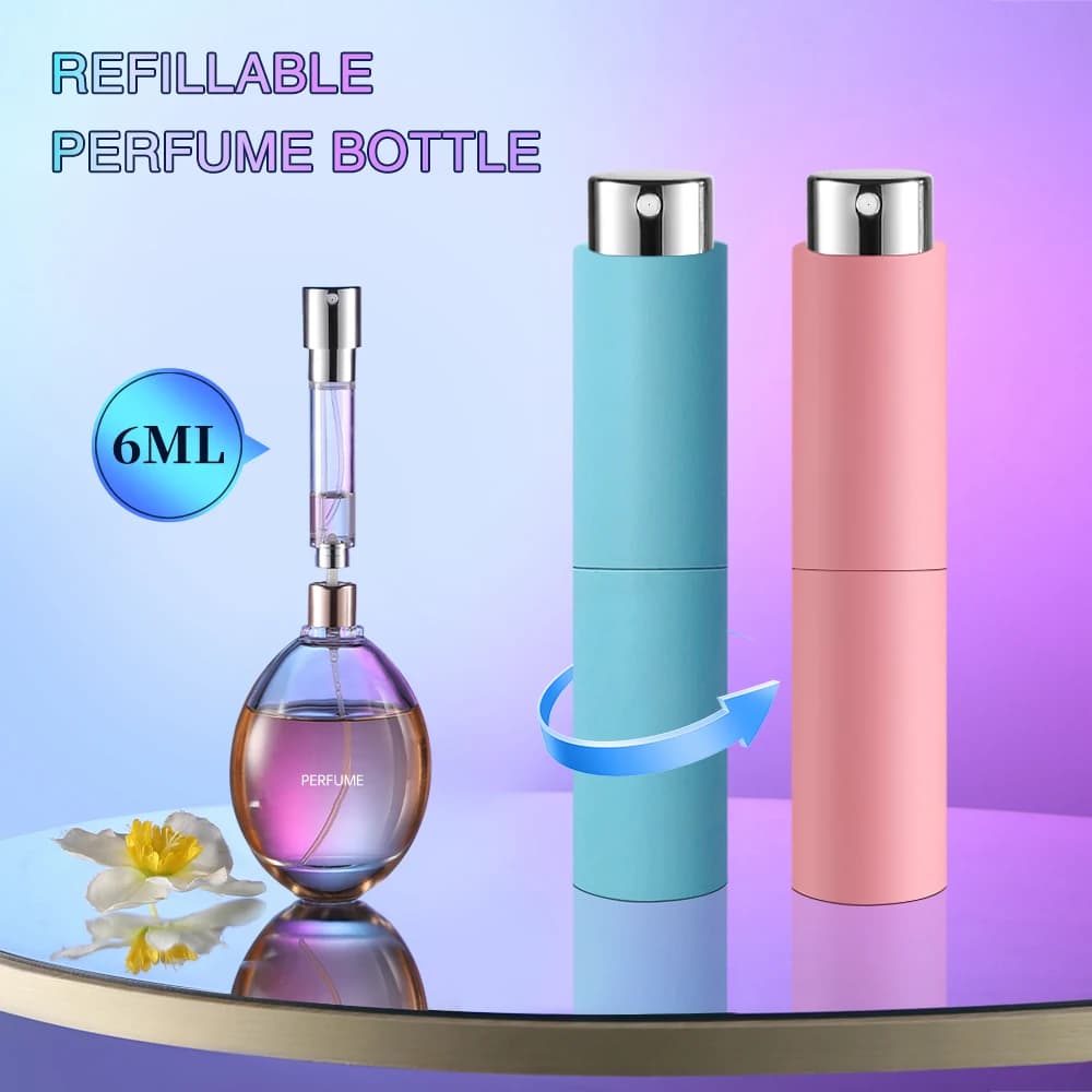 Atomizzatore di profumo rotante da 6 ml Mini bottiglie riutilizzabili di profumo da viaggio con riempimento inferiore portatile Contenitori cosmetici vuoti Spray