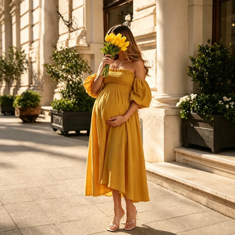 Soft Gauze Cotton Maternity Gown Off Shoulder Elastic Top With Bubble Sleeves Dress Breathable Flowly for Pregnancy Photos
