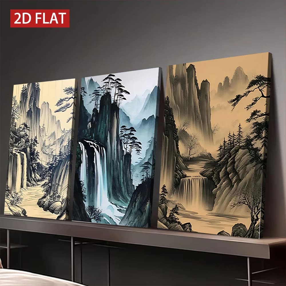 Set di 3 Quadri su Tela con Cornice in Legno, Paesaggio con Cascata in Stile Ink Wash, Decorazione Moderna da Parete per Soggiorno, Ufficio, Ingresso