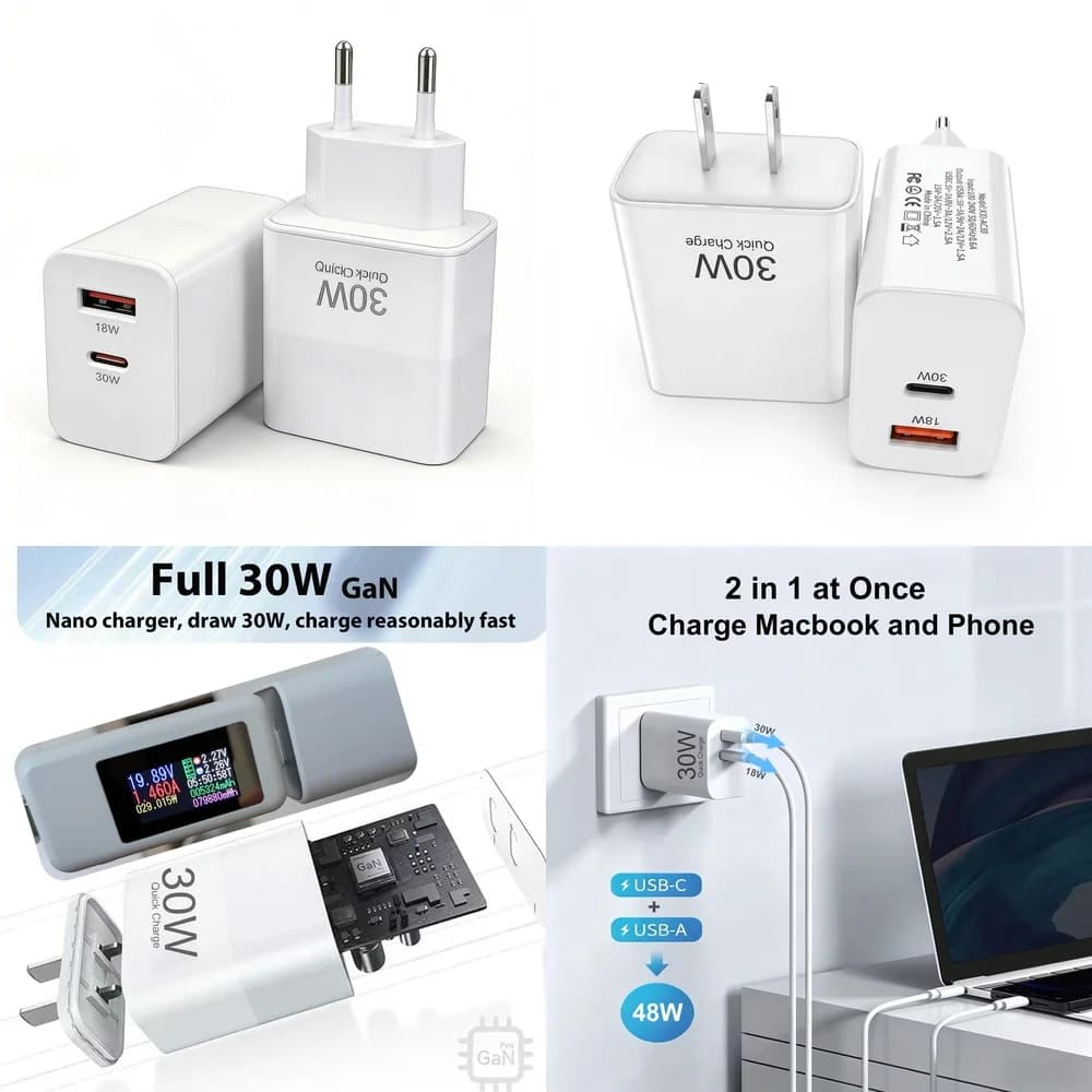 30W USB C Wall Charger Mini Dual Port EU US Plug Travel Adapter for iPhone 17 16 15 Pro Max Samsung S26 S25 S24 Plus iPad Air