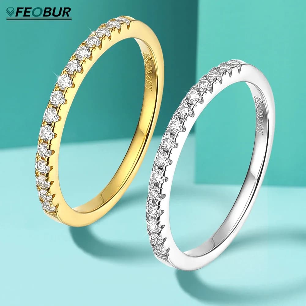 FEOBUR 1.5mm Full Moissanite Diamond Ring S925 Sterling Silver for Women Stackable Engagement Rings Half Eternity Band Wedding