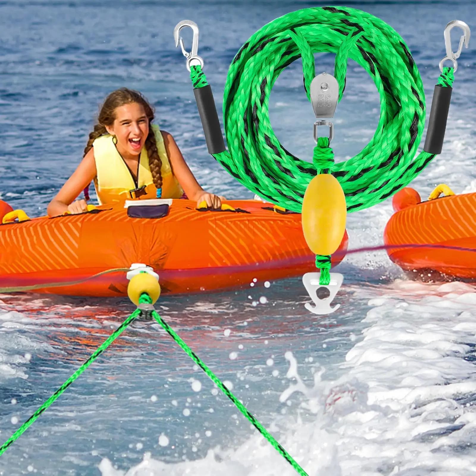 Imbracatura di traino per sport acquatici a 4 persone, connettore a sgancio rapido per fune da sci nautico, sistema di traino durevole per tubi gonfiabili e imbarcazioni