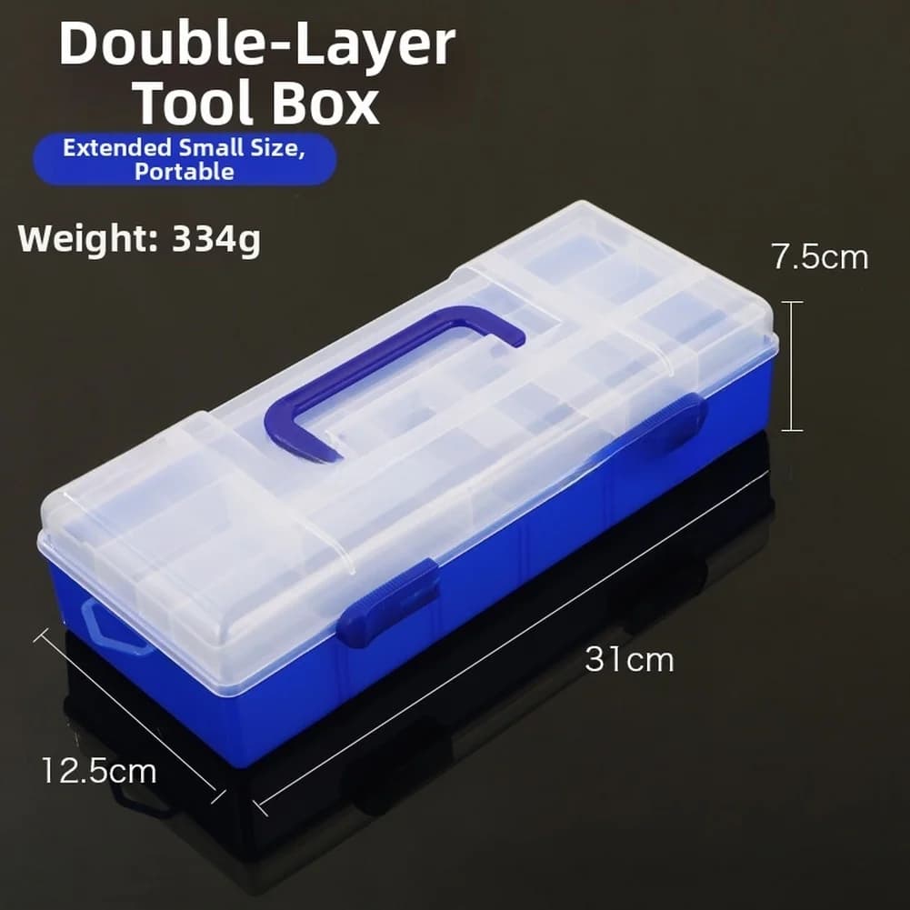 Portable double layer fishing gear box with adjustable compartments and removable upper layer for access