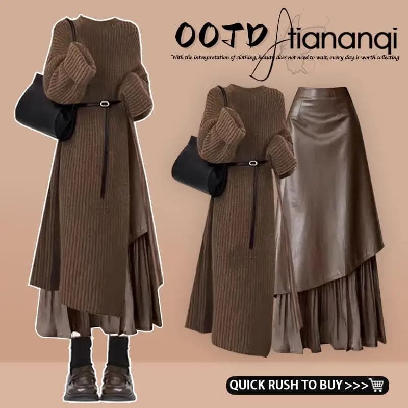 Set Autunno Inverno da Donna con Maglione a Collo Alto e Gonna, Maniche Lunghe, Design a Blocchi di Colore Puro, Ensemble alla Moda
