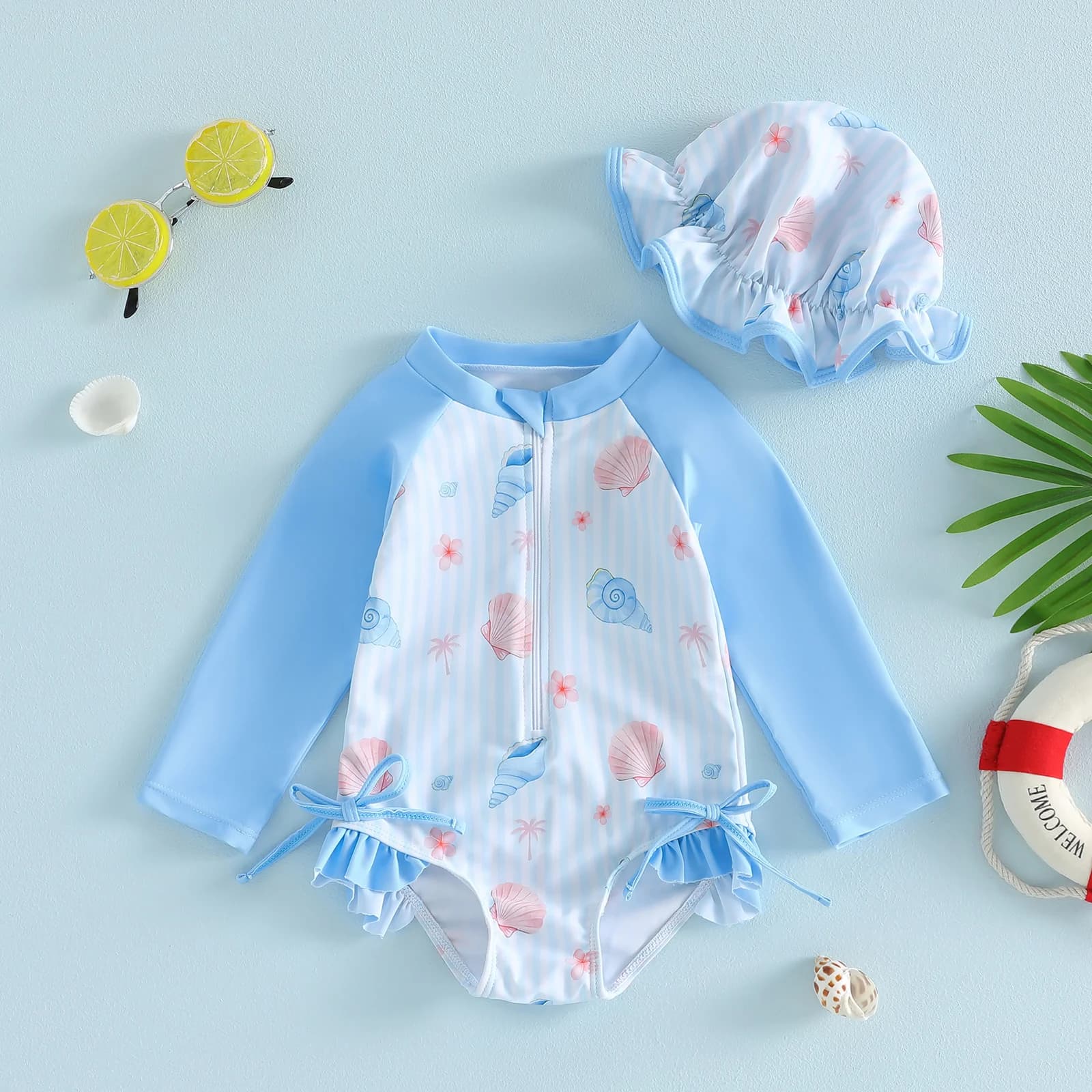 Costume da bagno per bambina con stampa a conchiglie e fiori, a maniche lunghe, anti-UV, per l'estate, da spiaggia, con cappello parasole, monokini