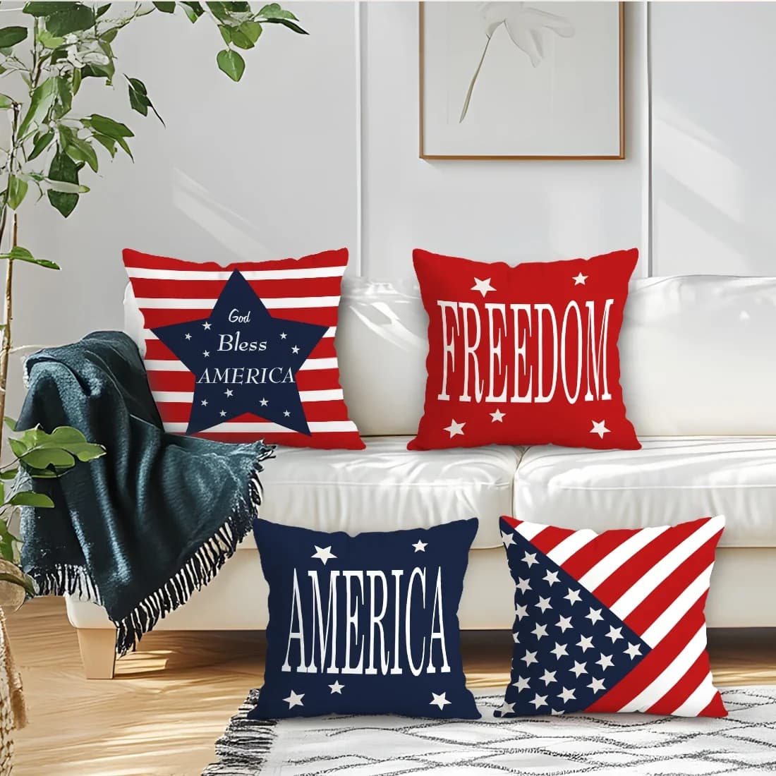 4 Pezzi Fodere per Cuscini con Bandiera per il Giorno dell'Indipendenza, Stampa Monofacciale 40/45/50CM, Copricuscino Decorativo per Divano, Arredamento Casa e Stanza