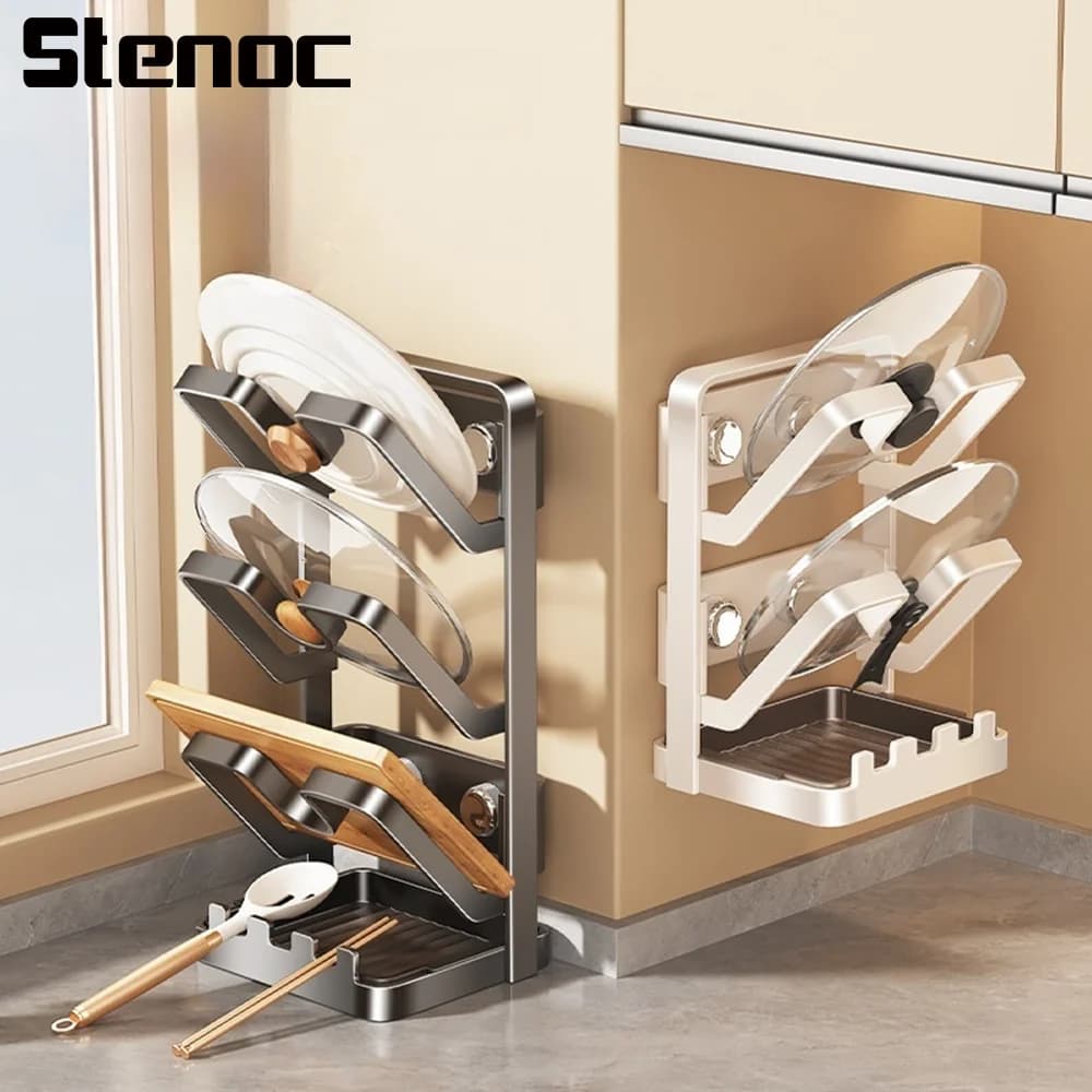 No-Drill Suction Cup Double Layer Pot Lid Rack Grey 3-Tier Pot Lid Organizer Draining Cutting Board Holder Kitchen Storage Rack