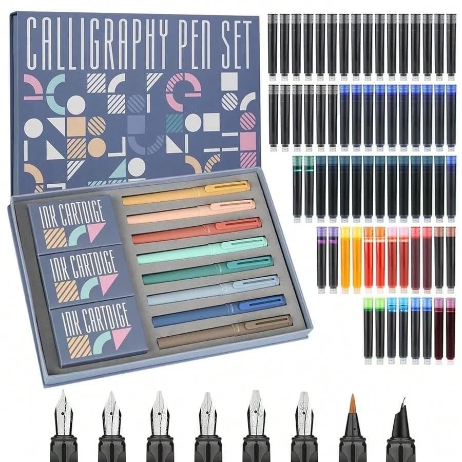 GC QUILL Calligraphy Pen Set 74pcs- 8 Calligraphy Fountain Pens With Vd Nibs, 66 Ink Cartridges 14 Colors -Writing, Drawing, Ca