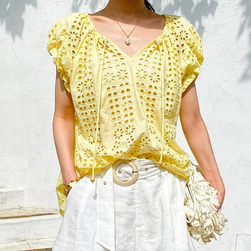 Shirt blouse elegant French style yellow 100% cotton loose embroidery digs out sexy summer woman shirts new