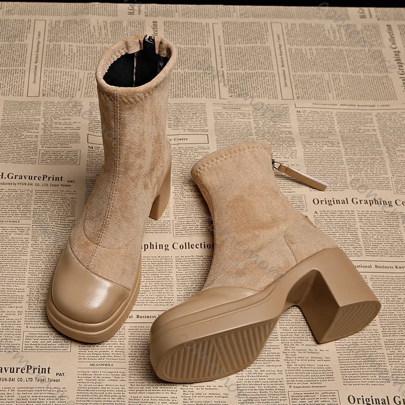 Comemore 2026 Nuovo Stivaletti Patchwork in Pelle Scamosciata per Le Donne Stretch Punta Rotonda Tacchi Alti Scarpe da Donna Moda Primavera Autunno Botines