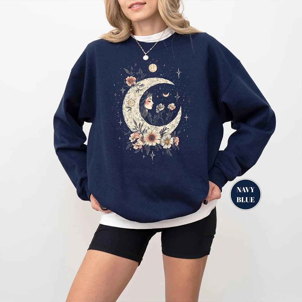 Felpa con fasi lunari floreali mistici Boho Sun and Moon Face Maglione spirituale carino Felpa casual Y2K unisex Streetwear