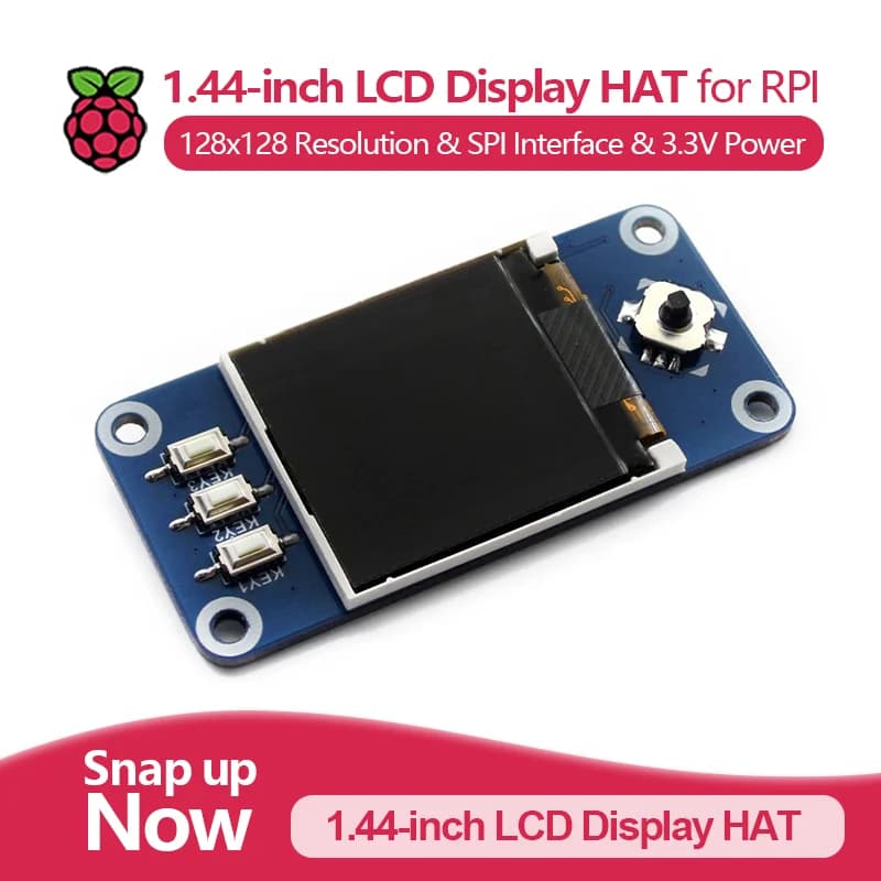 Cap with 1,44 inch Raspberry Pi LCD display, 128x128 resolution, integrated controller, SPI interface, 3,3 V power supply.