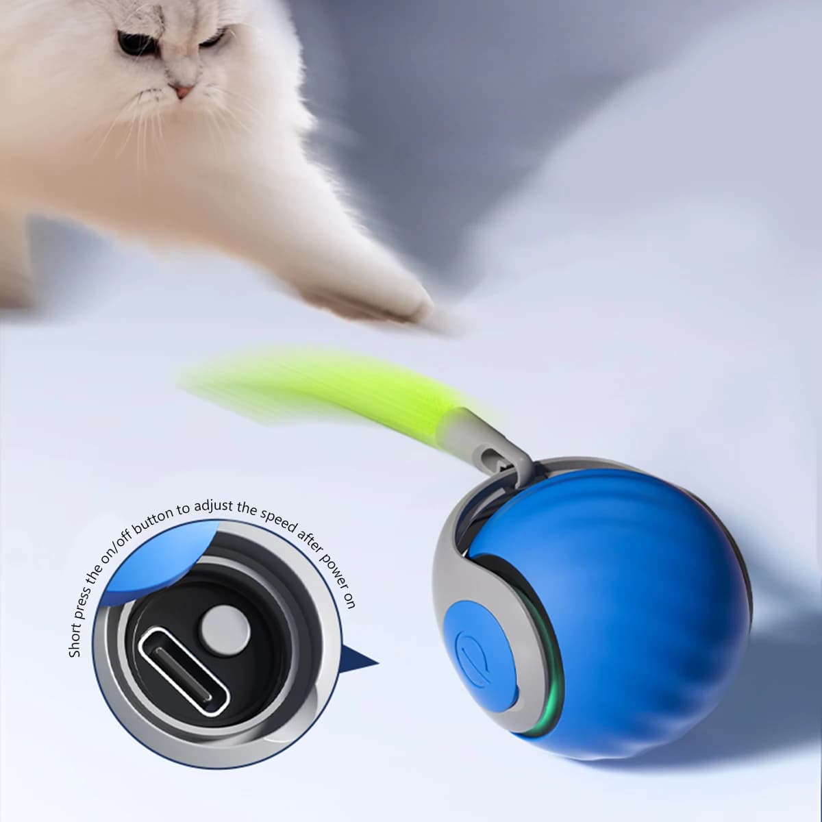Coda veloce intelligente 2.0, palla giocattolo per gatti in movimento automatico con coda, palla giocattolo interattiva intelligente per gatti, regolazione a due velocità