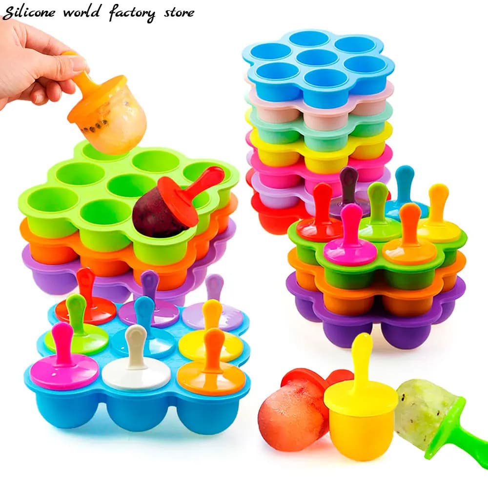Silicone World 9/7 Fori Popsicle Stampi In Silicone FAI DA TE Gelato Pops Stampo Vassoio di Ghiaccio Per Bambini Frutta Shake Scatola di Alimenti Complementari