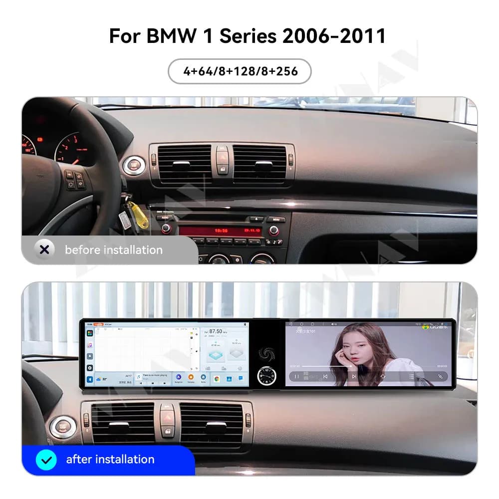 Carplay a doppio schermo da 12,3 pollici per BMW Serie 1 2006-2011 Aggiornamento Android 14 Navigazione GPS Lettore multimediale Radio stereo automatica