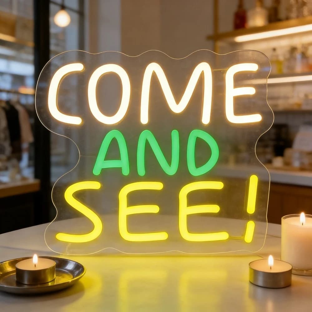 Insegna Luminosa al Neon 'COME AND SEE', Decorazione di Benvenuto per Casa, Bar, Caffè, Negozio, Arte LED Artistica Romantica da Parete, Regalo