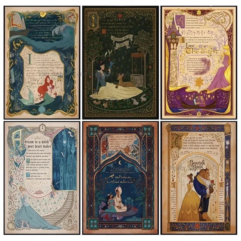 Poster Principesse Disney, La Sirenetta Ariel, La Bella e la Bestia, Quadro Decorativo Murale