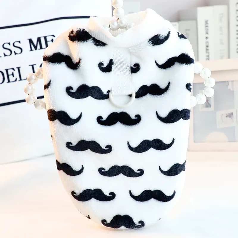 Double-sided Skin-Friendly Fleece Pet Coat with Mustache Print, Fall Winter Wear with Leash Hole for Small Teddy Dogs & Cats